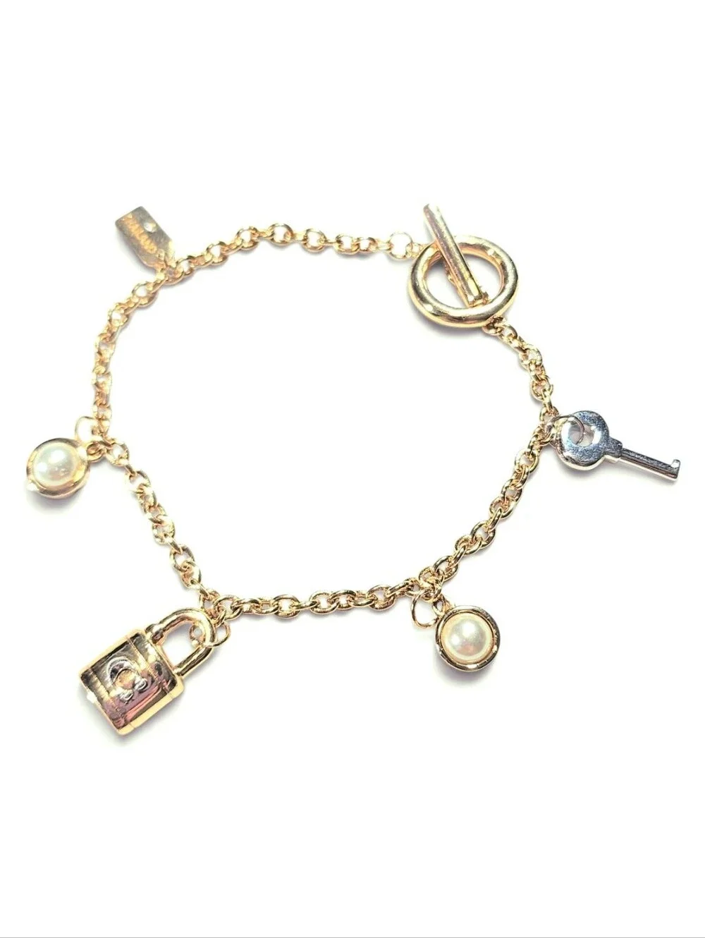 Coach Signature Padlock & Key Pearl Charm Bracelet Gold Silver Toggle Clasp